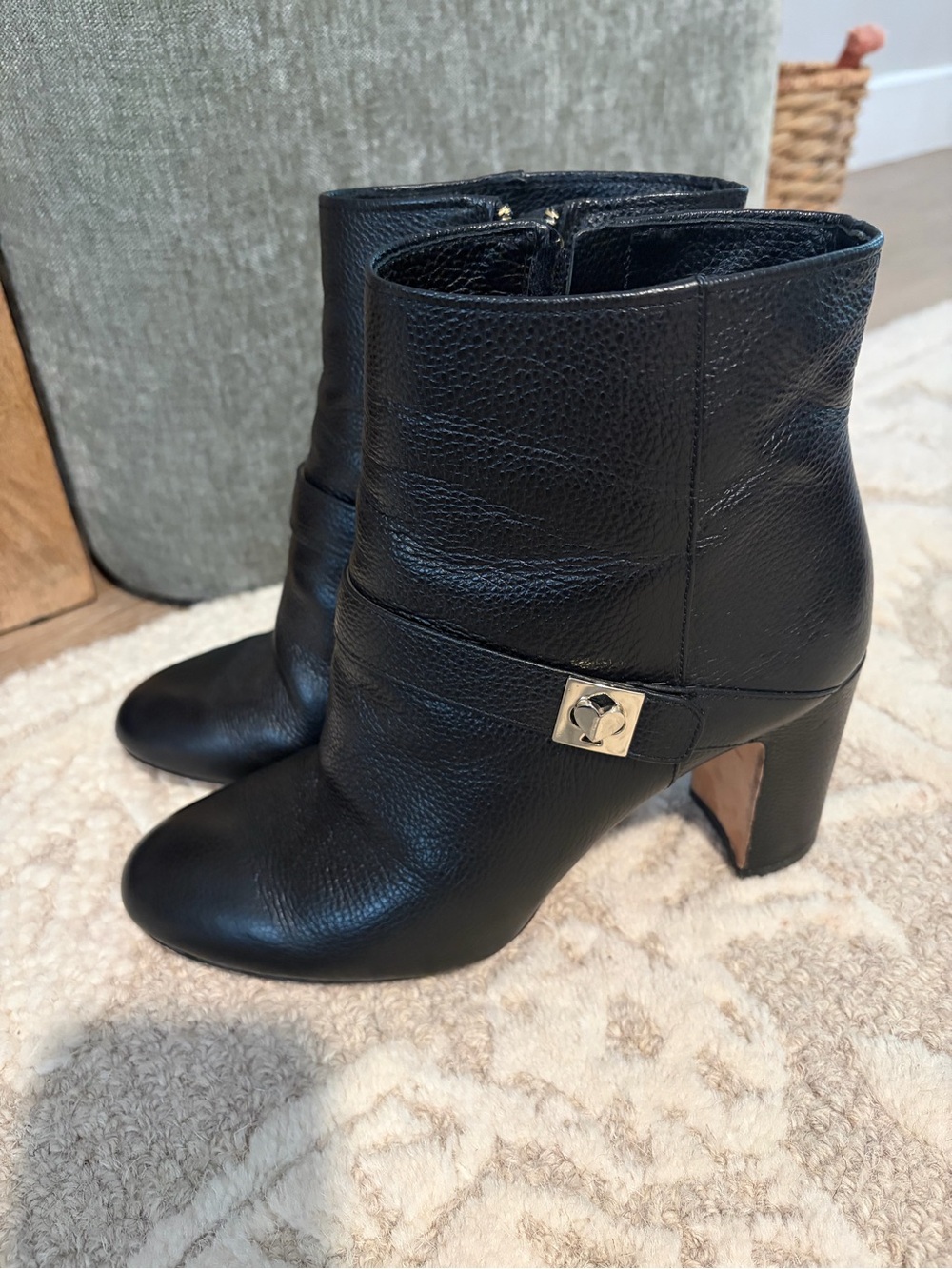 kate spade Black Leather Ankle Boots with Gold Logo Accent